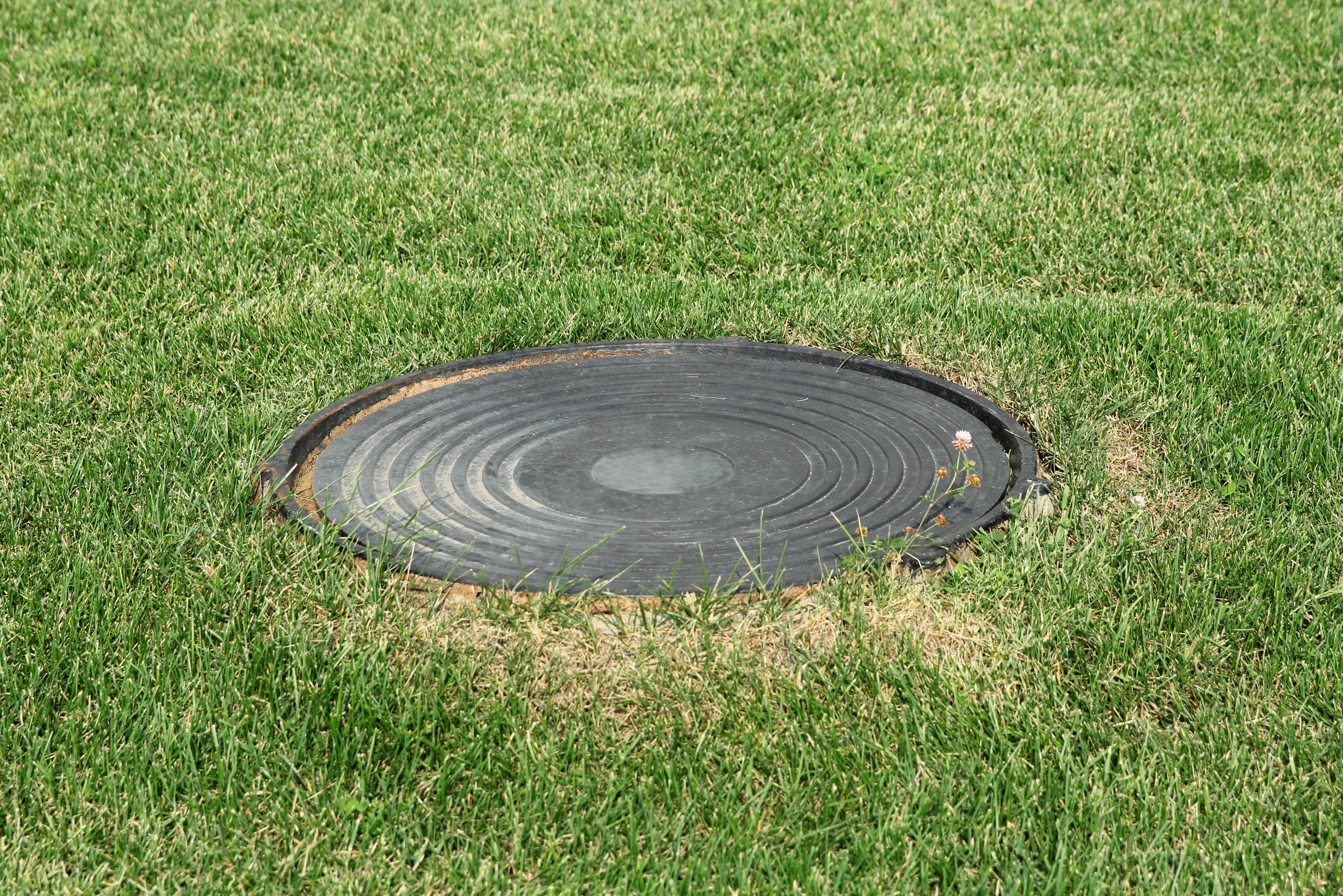 An inspection cover for a private drainage system set into a lawn