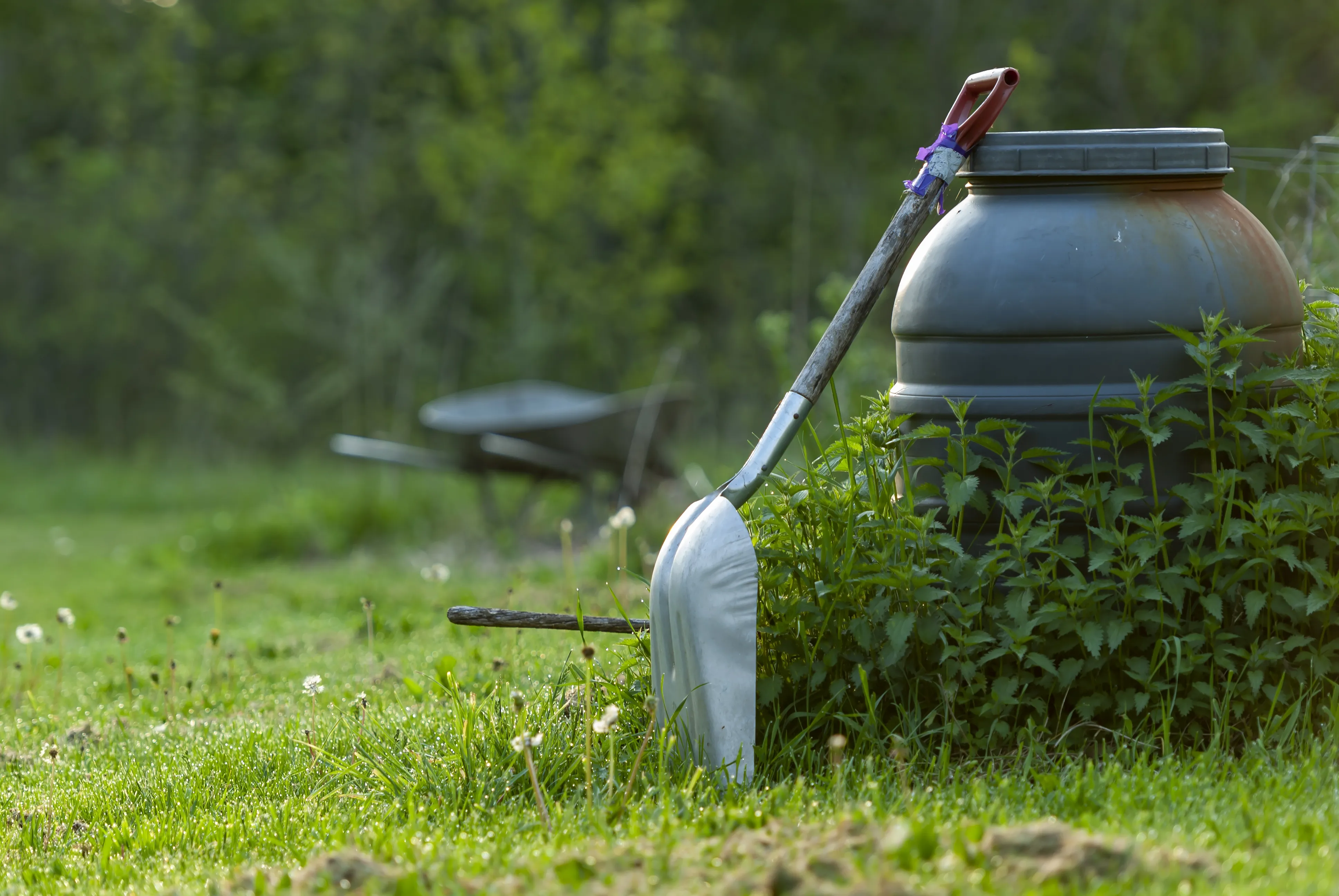A sewage treatment plant tank installed in a garden